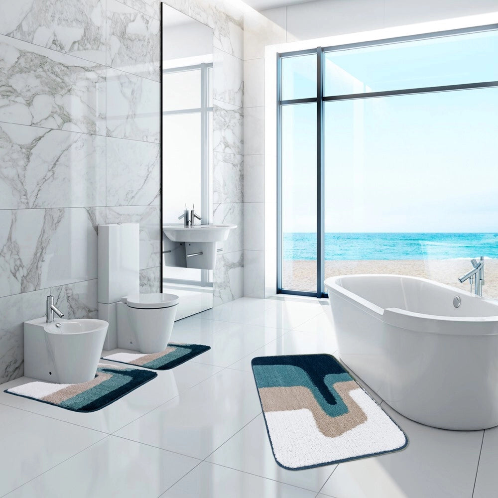 Tappeto Bagno Scendiletto Pelo Raso Morbido Assorbente Antiscivolo Lavabile Set 3 Pezzi Blu