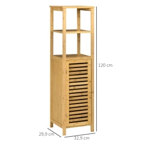 Mobile bagno in bambù con 2 ripiani aperti e armadietto, altezza 120 cm, colore legno naturale