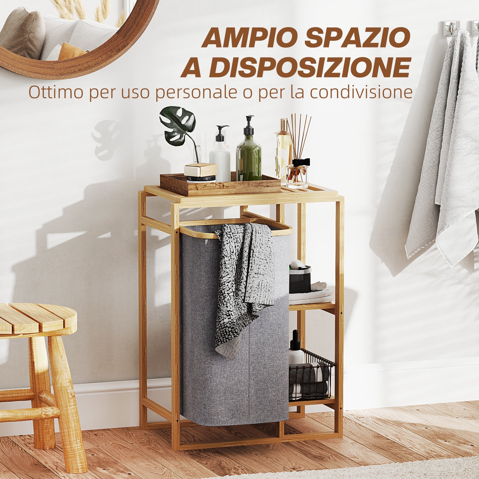 Cesto Portabiancheria 50x32x70 cm con Borsa Estraibile e Ripiano in Bambù Grigio