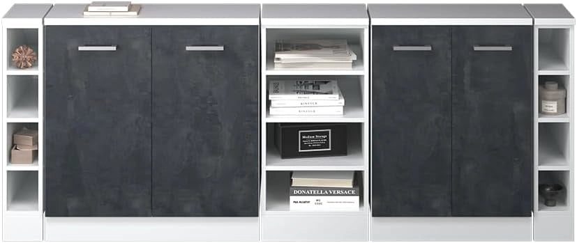 Set di mobili sottotetto Rion, Calcestruzzo nero, 210 cm Set di 5 carcasse armadio profondità 60 cm, adatto per il salvaspazio sotto tetti spioventi