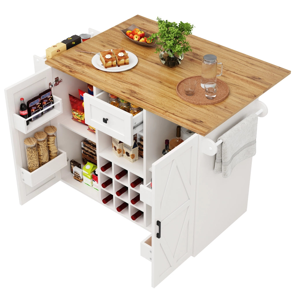 Isola cucina multifunzione bianca con piano ribaltabile, cassetto, vani laterali e armadio a 2 ante