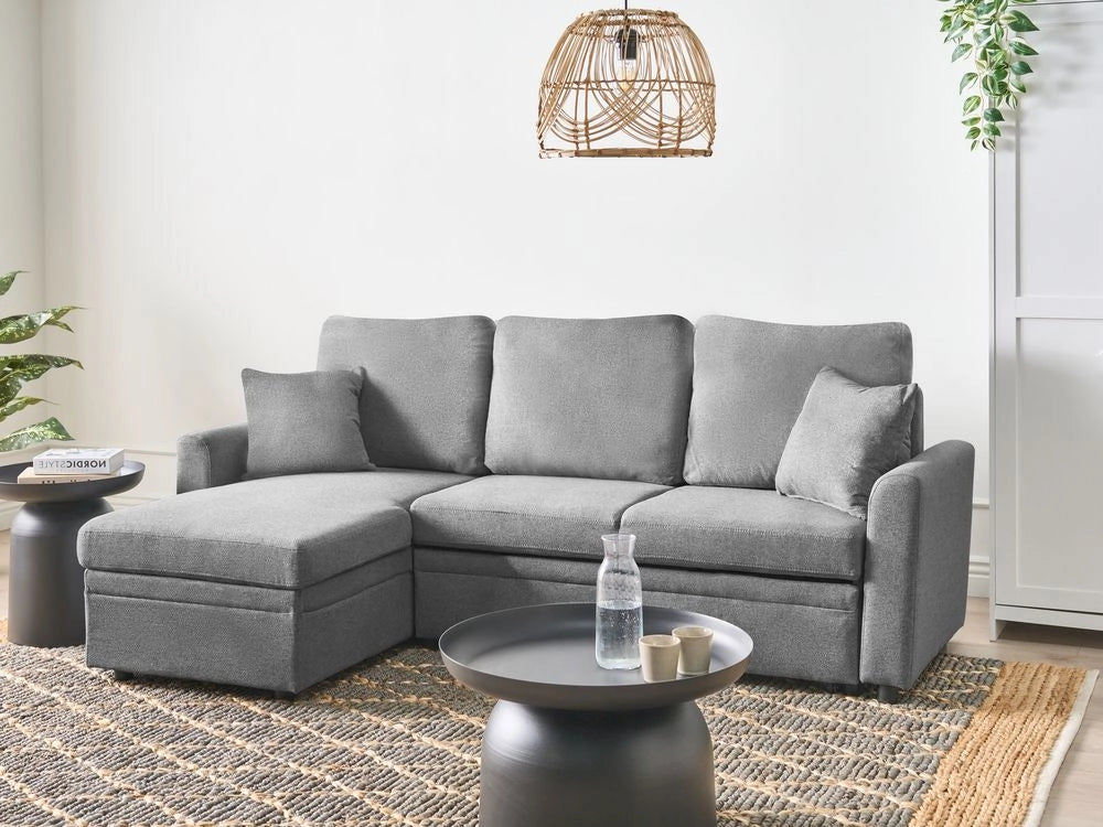 Divano letto angolare con contenitore lato destro grigio rivestimento in poliestere effetto lino contenitore cuscini design moderno