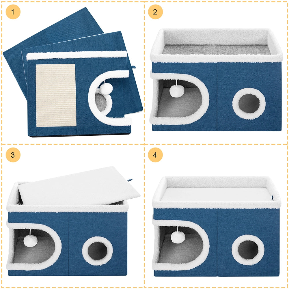 Cuccia Casa per Gatti Cubo Blu Tiragraffi Casetta Animali Domestici 58x42x33 cm