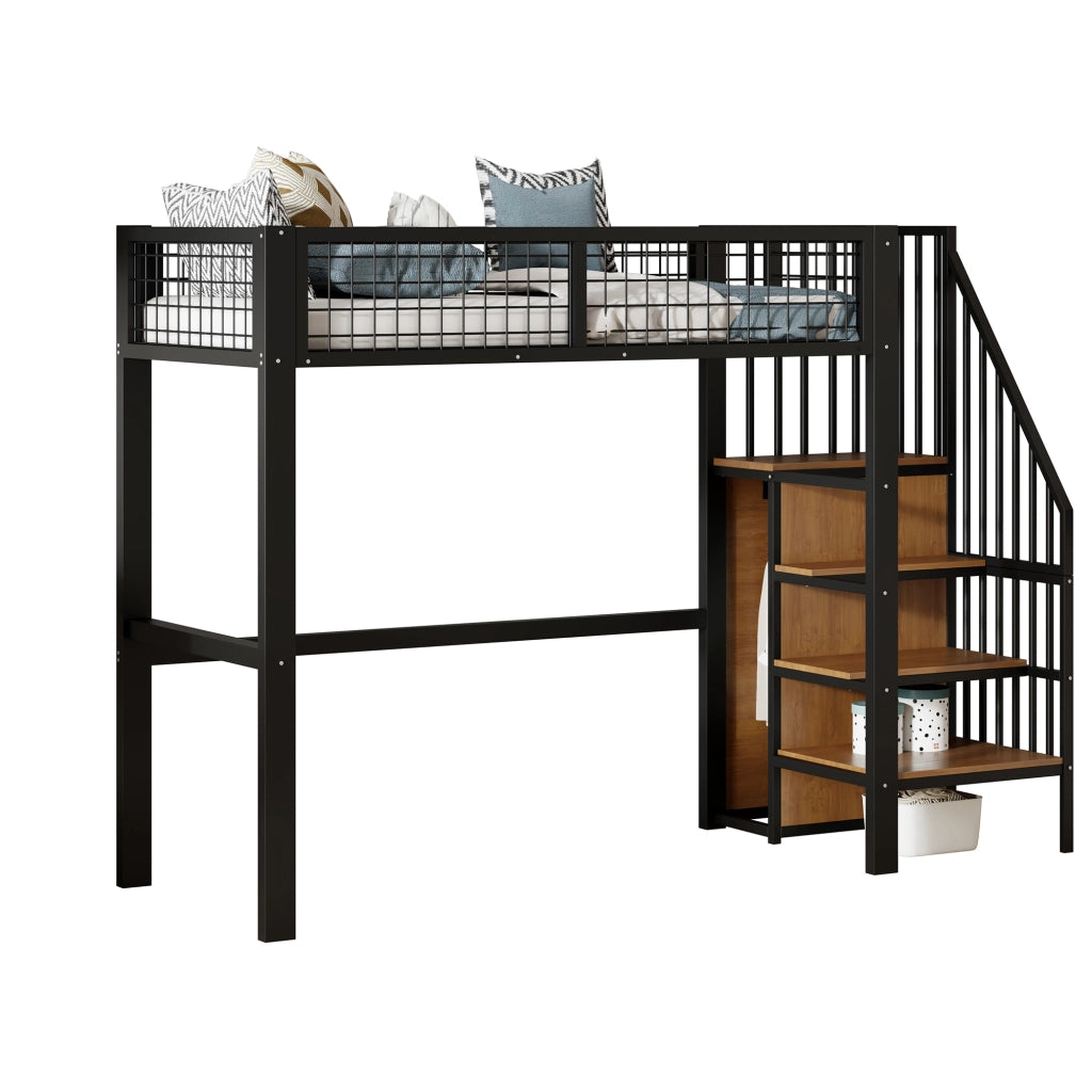 Letto a castello nero in metallo con scala e armadio 90x200 cm