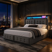 Letto matrimoniale 140x200 cm con testiera LED; prese USB e contenitore; grigio