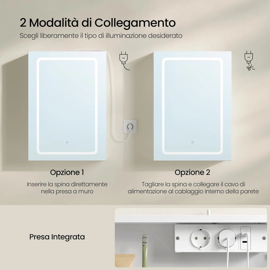 Mobile Bagno con Specchio e Luce, Armadietto Bagno con Ripiani Regolabili, Ganci e Prese, Luce Tattile a 3 Colori, per Appartamento, Bianco, 50x14,5x70 cm