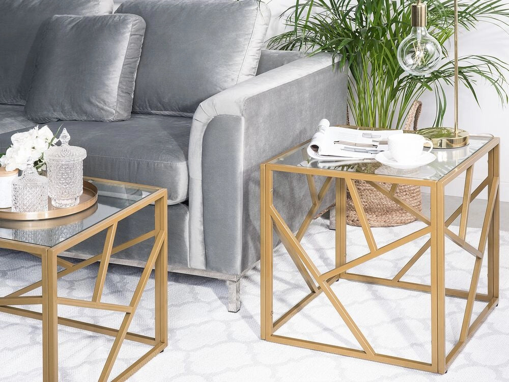 Tavolino Piano In Vetro Trasparente Struttura In Metallo Dorato Cubo 50 x 50 cm Glam Modern
