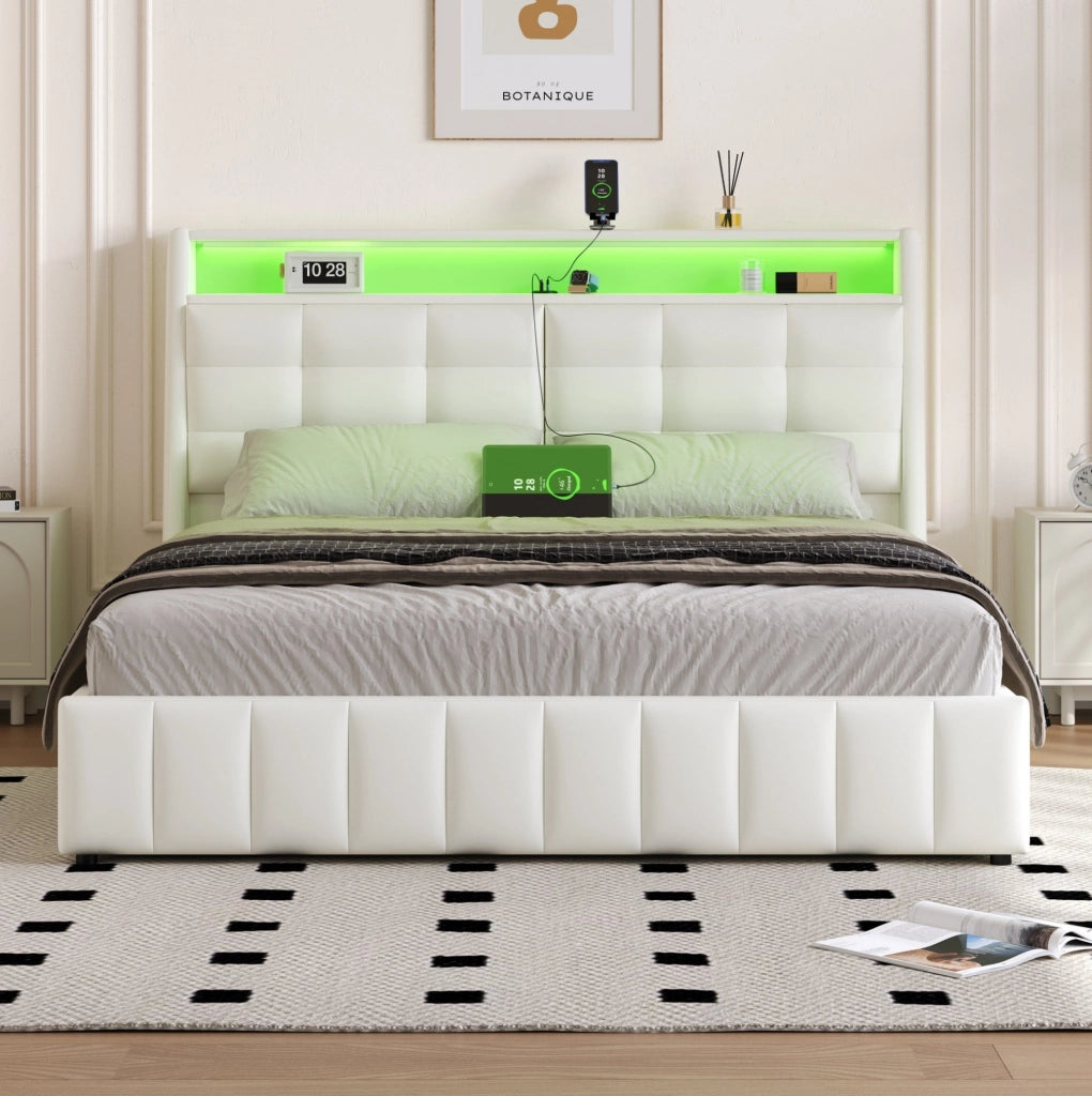 Letto imbottito 160x200 cm con contenitore; LED e USB in PU bianco