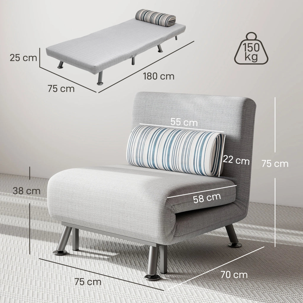 Poltrona Letto Singolo 3 in 1 con Schienale Reclinabile su 5 Livelli, Cuscino Imbottito e Materasso, Divano Letto Singolo Pieghevole per Soggiorno, in Acciaio e Lino, 75x70x75cm, Grigio Chiaro