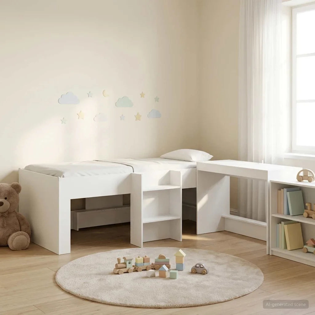 Letto alto per Bambini | Letto Infantile | Lettino con scrivania Bianco 75 x 190 cm