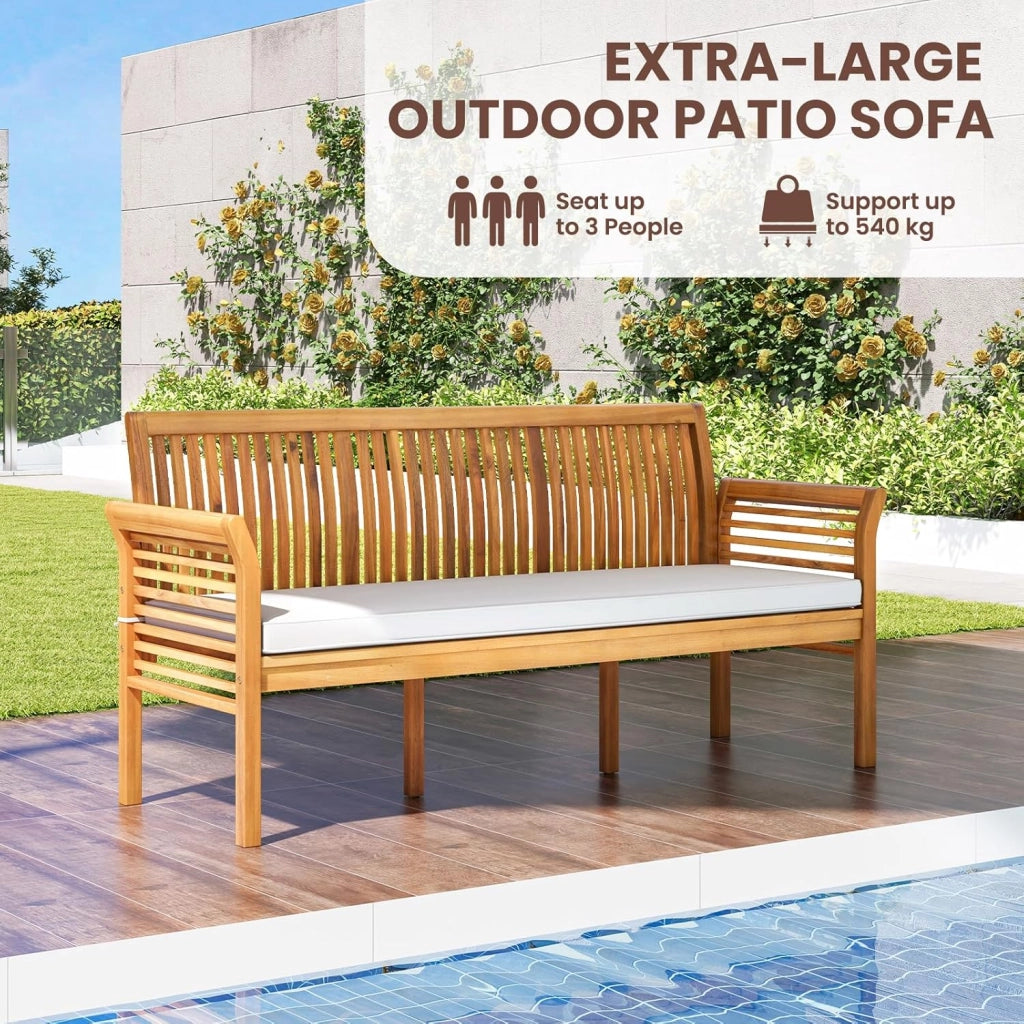 Panca da giardino a 3 posti, panca da parco in legno di acacia, panca da parco con cuscino rimovibile, sedia da parco con schienale, carico di 540 kg, 159 x 59 x 77 cm