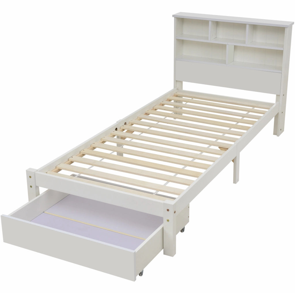 Letto singolo 90x200 cm con testiera a libreria e cassetti; in legno massello e MDF; bianco