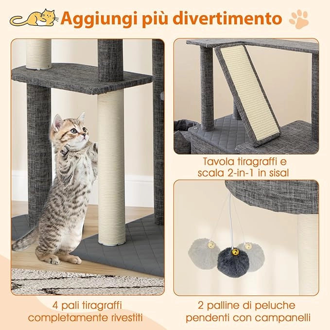 Tiragraffi per Gatto Alto 180 cm, Albero Tiragraffi Gatto con 8 Piattaforme, 4 Pali Sisal e 2 Palline Pompon, Torre Tiragraffi per Gatti con 2 Condomini Rimovibili, Grigio