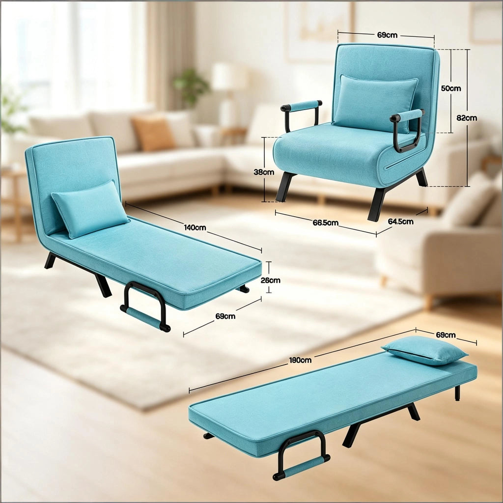 SEDIA LETTO 190x74 cm Blu in lino, metallo e spugna