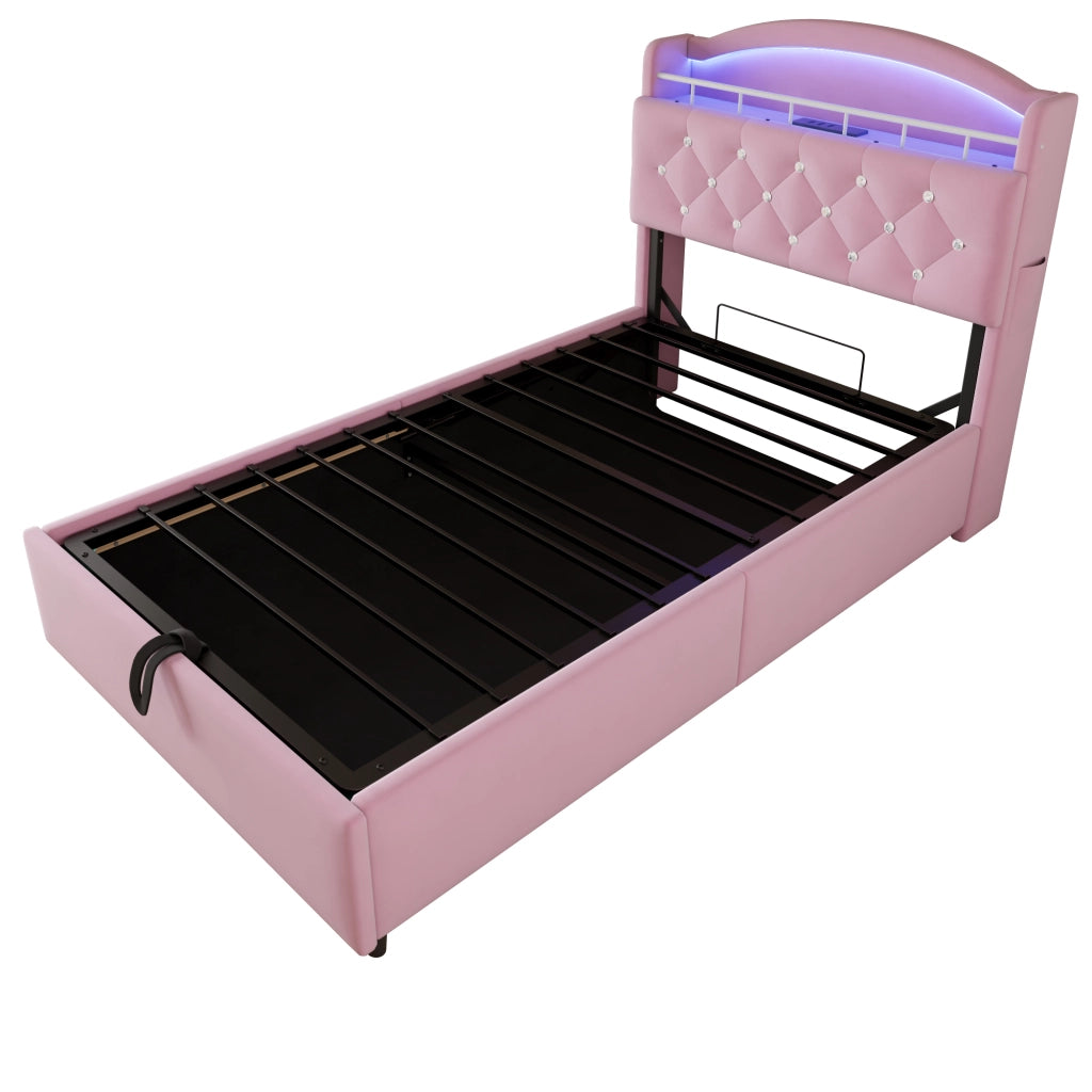 OKWISH Letto Contenitore 90×200 cm, Letto Singolo con LED Regolabile, USB, Type-C e Contenitore, senza Materasso, in Tessuto, Rosa