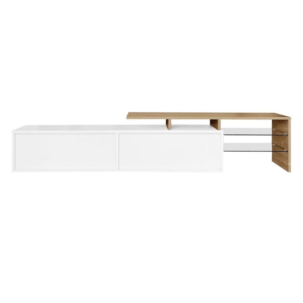 Mobile TV 170x33x33.5 cm; ripiani in vetro e LED a 16 colori; pannello truciolare; bianco e naturale