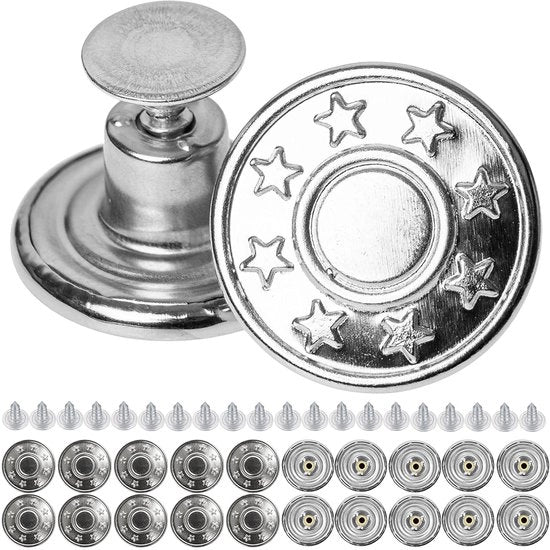 Viti di sostituzione per jeans, Ø 17 mm, viti di jeans in ottone, 20 pezzi, colore argento, viti di jeans con viti a chiodo, viti di jeans per allargare i pantaloni, viti di metallo per pantaloni