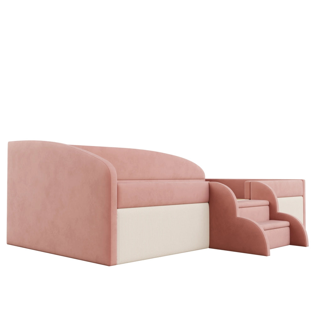 Letto imbottito 90x190 cm con gradini e sponde in velluto rosa e bianco crema