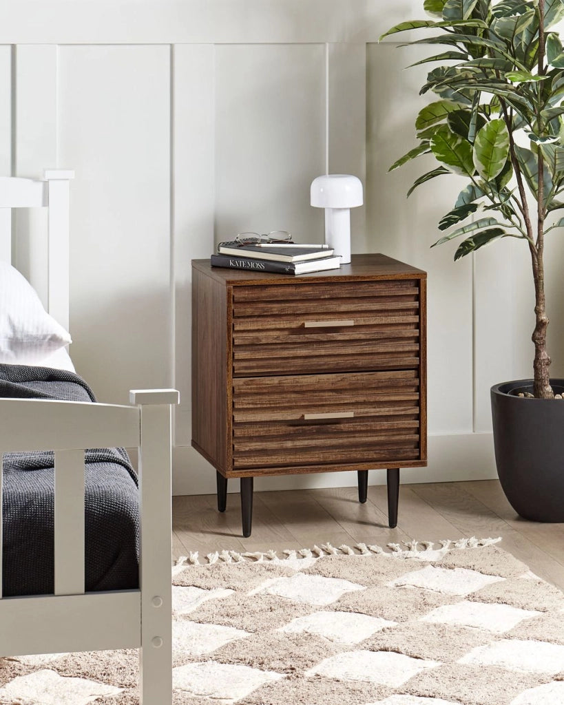 Comodino MDF legno scuro 2 cassetti Tavolino gambe in ferro moderno