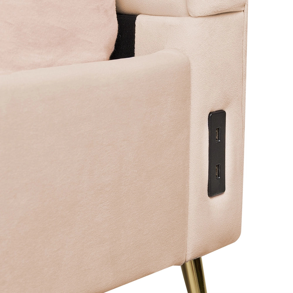 Letto in velluto beige rivestito con gambe in metallo dorato UE Dimensioni doppie 160 x 200 cm con testata con porta USB Camera da letto moderna e glam.