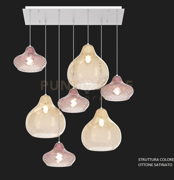 SOSP. OTTONE SATINATO 7 LUCI RETTANGOLARE VETRI (2 X PICCOLO AM + 2 X PICCOLO RU + 2 X GRANDE AM + 1 X GRANDE RU) 1191OS-S7 RMIX-AR