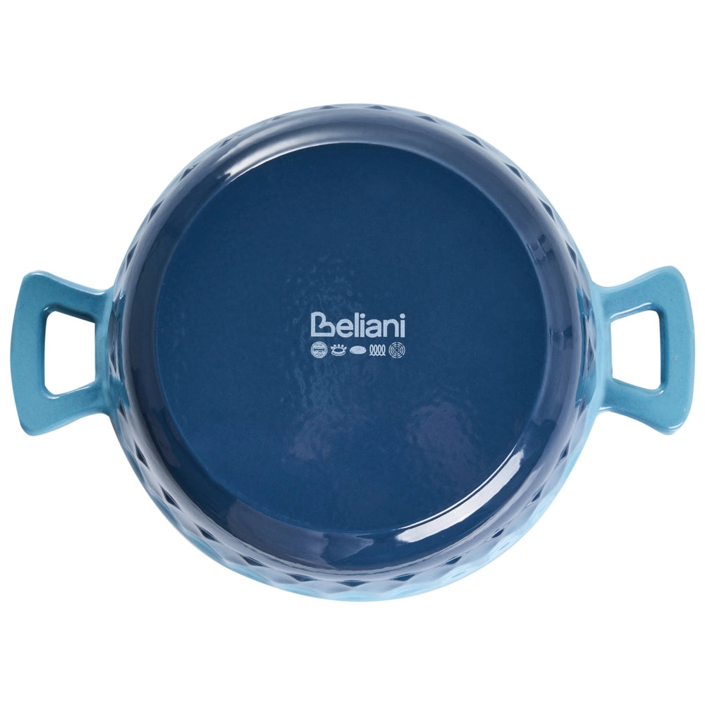Casseruola in ghisa smaltata blu con coperchio e manico in acciaio inossidabile adatta al forno e compatibile con tutti i tipi di piano cottura