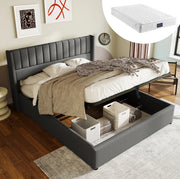 Letto matrimoniale imbottito con contenitore e rete sollevabile 160x200 cm in lino grigio
