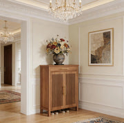 Scarpiera freestanding a 5 ripiani con ante a lamelle e cassetto; MDF e metallo marrone