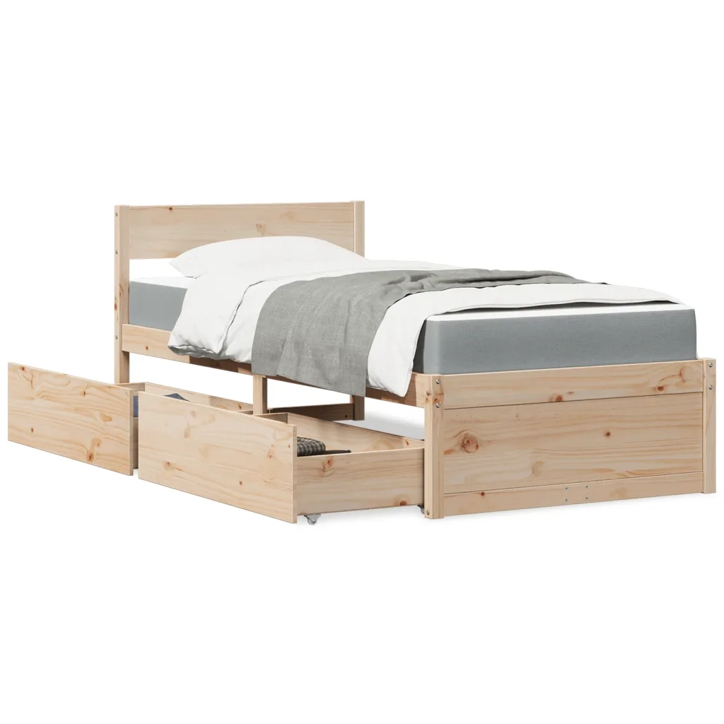 Letto con Cassetti e Materasso-Struttura Letto con contenitore 90x190 cm Legno Massello di Pino