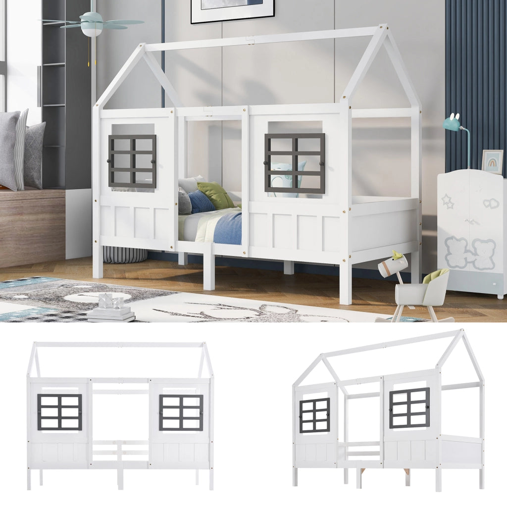 Letto a casa singolo bianco con funzione letto giornaliero e due finestre
