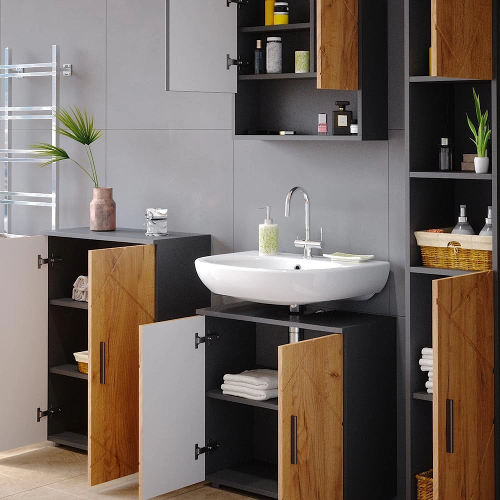 Set mobili bagno Irma, Quercia dorata/antracite, 80 cm, composto da mobile lavabo, pensile a specchio, colonna e base media