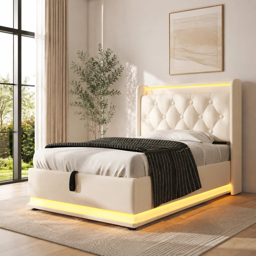 LETTO 90x200 cm con LED, USB Tipo-C, PU bianco, contenitore idraulico