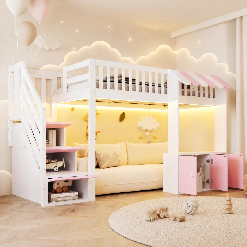 Letto a soppalco 90x200 cm con scala contenitore; LED multicolore; spazio sottostante; rosa e bianco