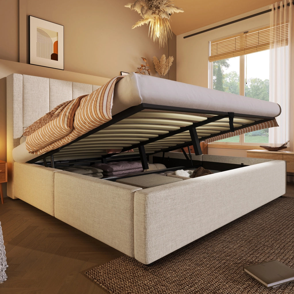 Letto matrimoniale 180x200 cm in lino beige con contenitore; testiera con portabicchieri e stazione di ricarica