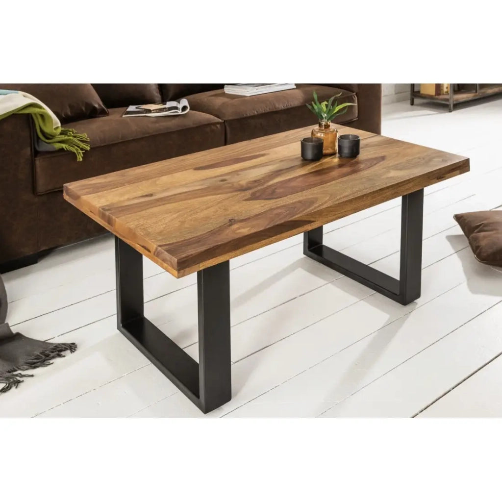 Tavolino basso LODEN 100 cm in legno massiccio di Sheesham e metallo nero – stile industriale