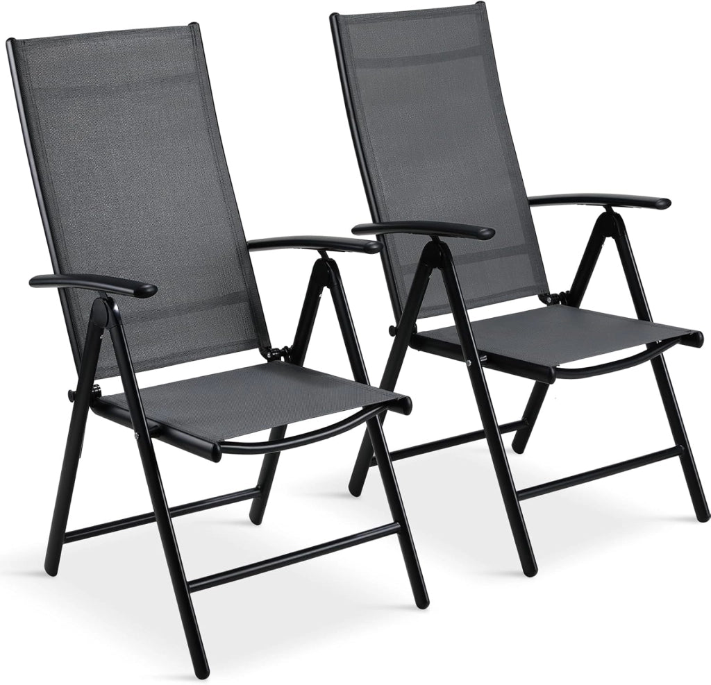 Sedie da giardino con schienale alto, regolabili, in alluminio, con schienale regolabile in 7 posizioni, resistente alle intemperie, antiruggine, fino a 120 kg, set da 2 pezzi, colore nero
