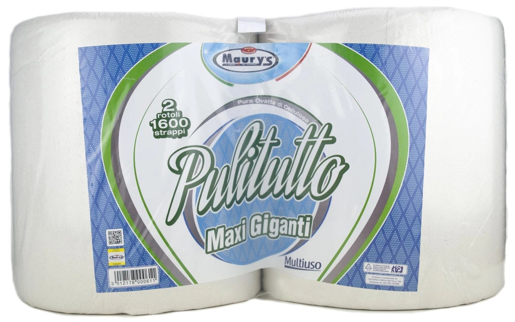 2 MAURY'S CARTA ASCIUGATUTTO INDUSTRIALE 2 ROTOLI PULITUTTO MAXI GIGANTI 1600 STRAPPI 3600GR HACCP