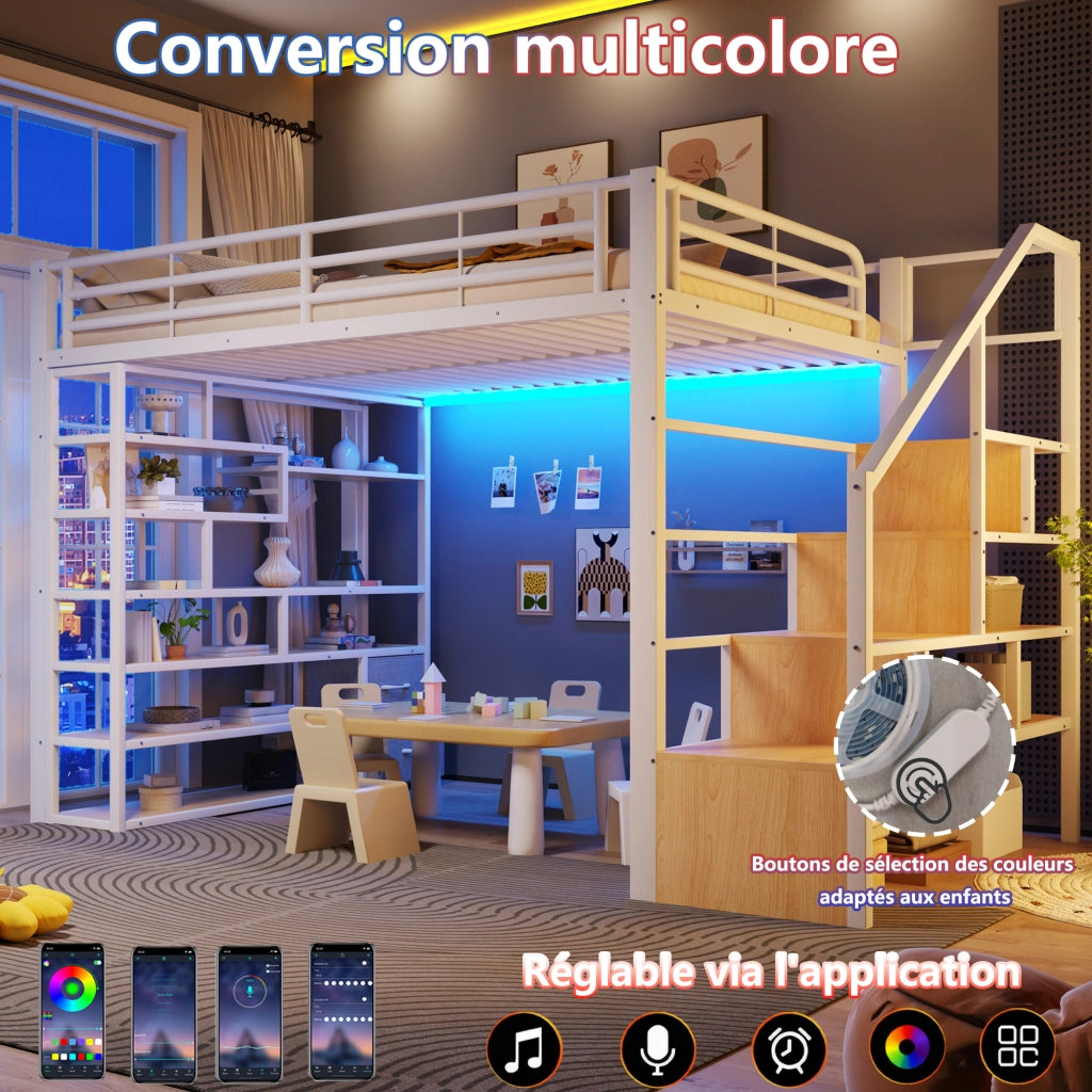 Letto a soppalco in metallo 140x200 cm con vani portaoggetti; scala integrata; LED; 2 cassetti in tessuto; bianco