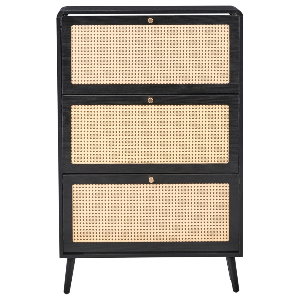 Scarpiera a 3 scomparti in legno MDF melaminico e rattan PE stile boho nero