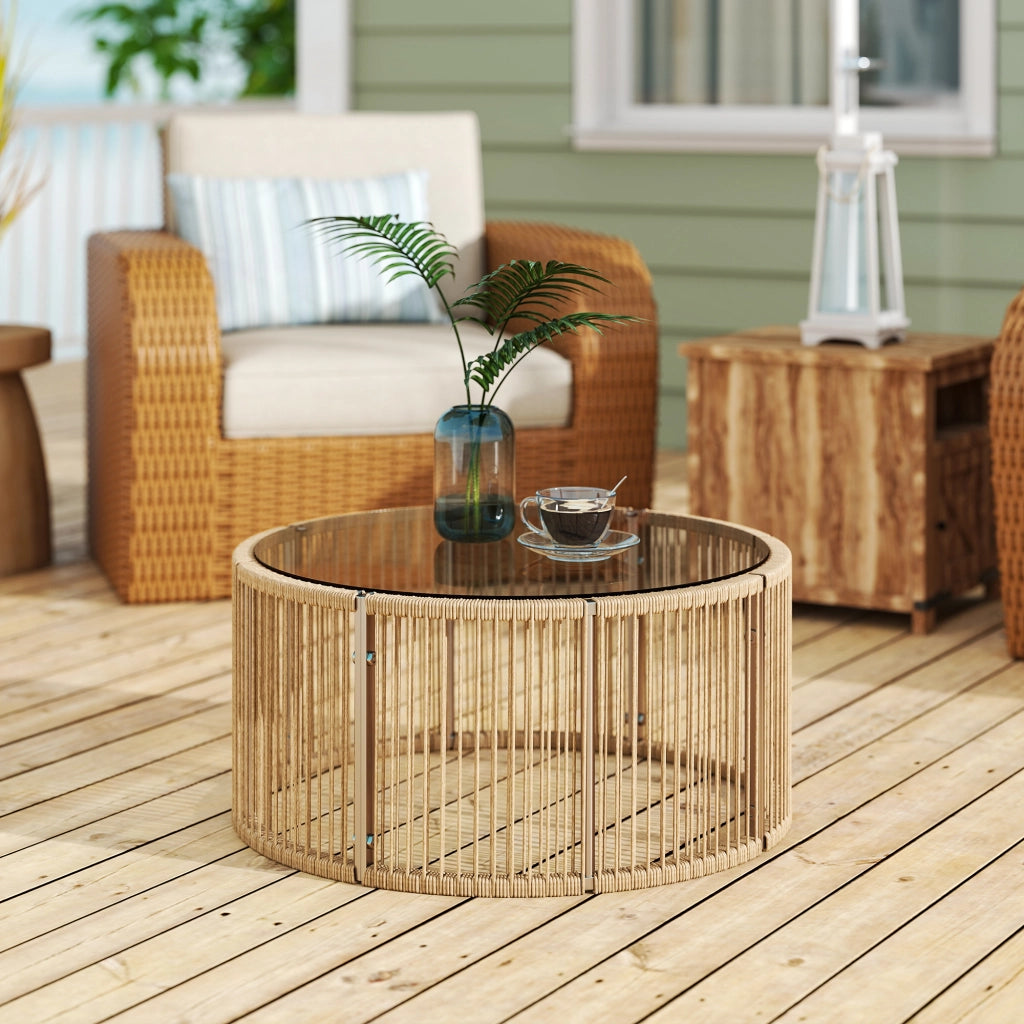 Tavolino da giardino rotondo in polyrattan ¨C zephmum ¨C vetro temperato, acciaio, 70x70x33 cm, marrone