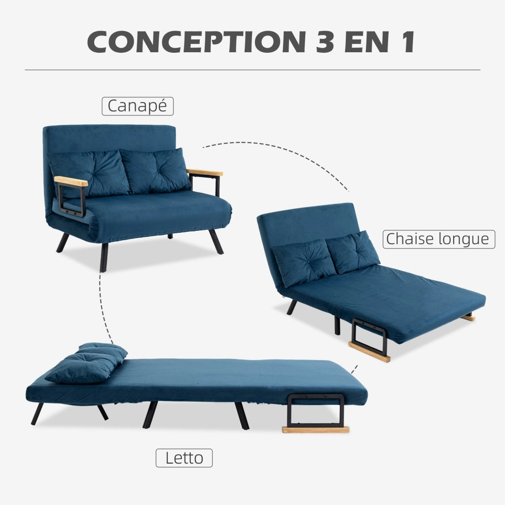 Divano letto 2 posti con cuscini e schienale regolabile ¨C zephmum ¨C blu velluto