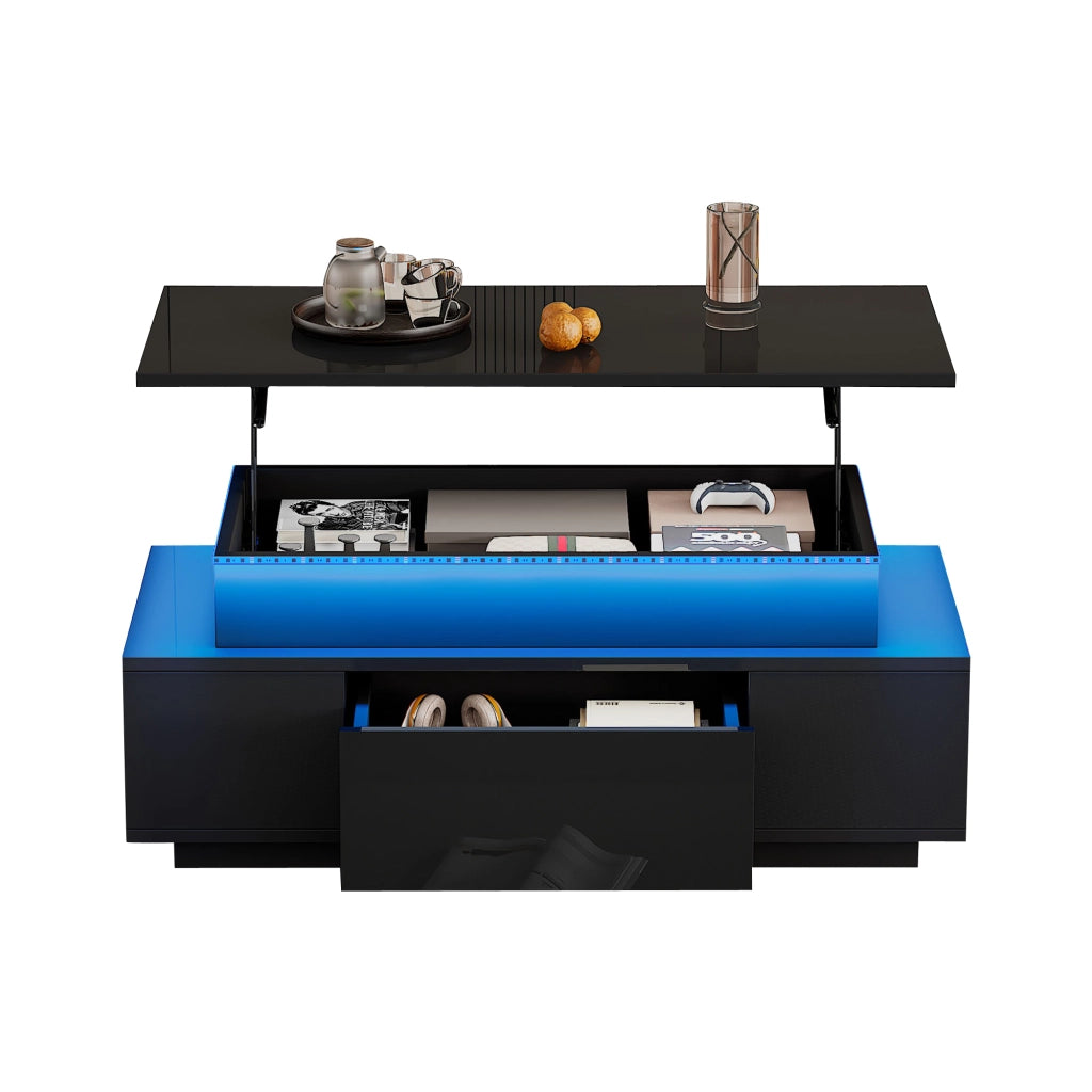 Tavolino da salotto alzabile con 1 Cassetto; vano nascosto e LED; finitura lucida; truciolare; Nero