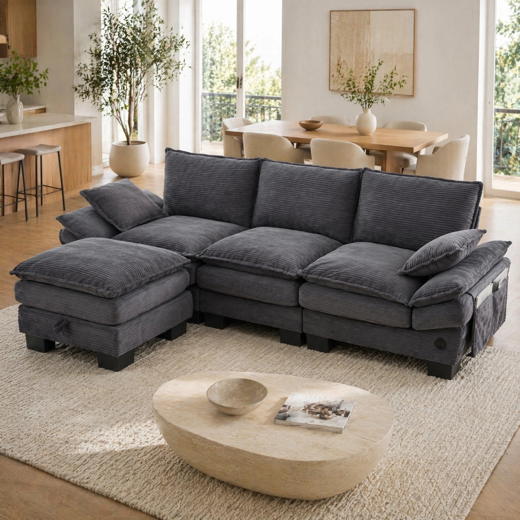 DIVANO modulare 3 posti con pouf 260x132x84 cm in tessuto corduroy grigio scuro