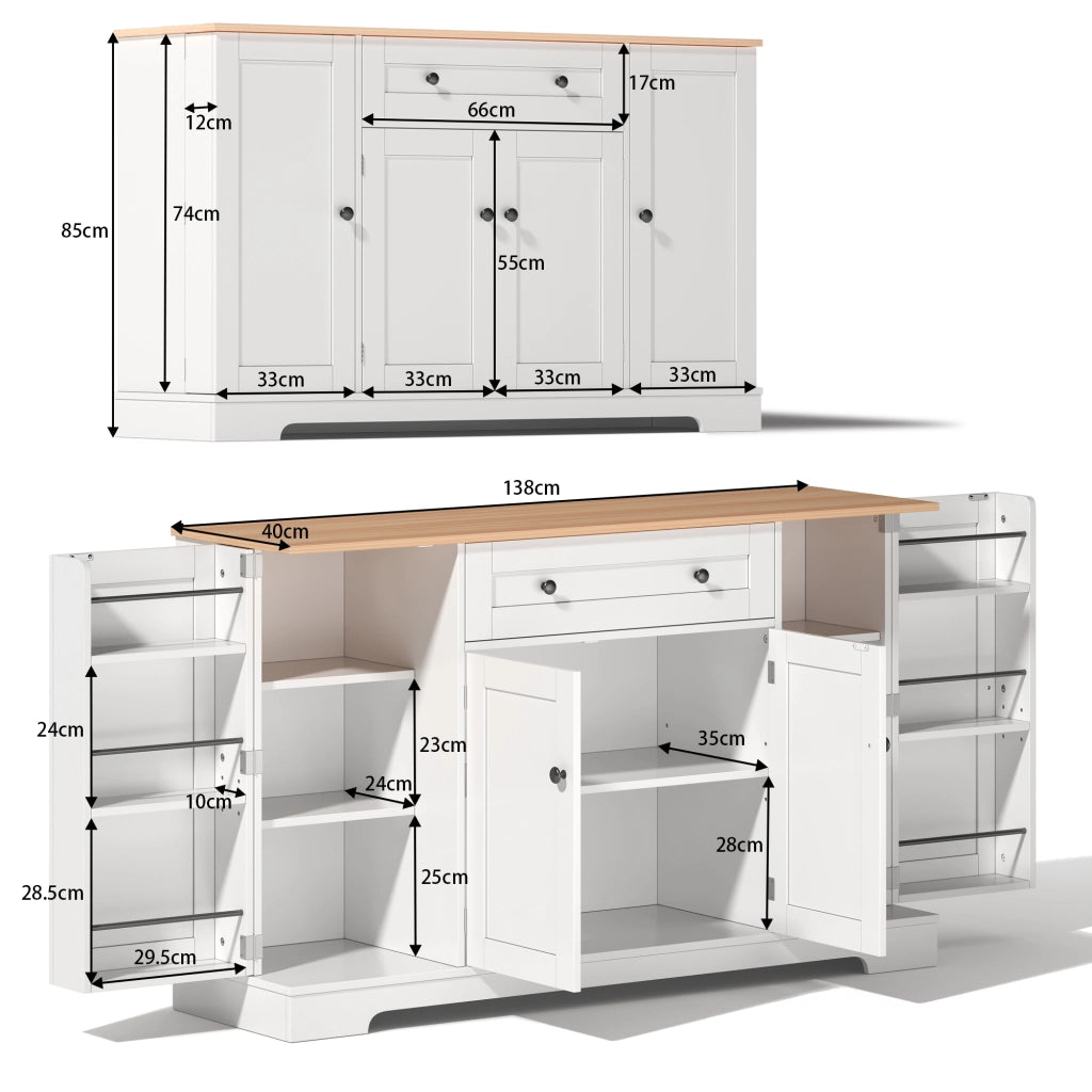 Credenza 138x40x85 cm Bianca e Legno Naturale con Cassetto; Armadietti; Ripiani Regolabili e Portaoggetti
