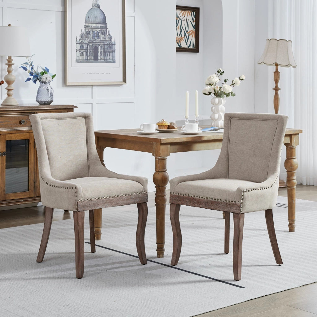 Sedie da Pranzo Imbottite in Tessuto ¨C MINIMAL ¨C Set 2 Pezzi, Gambe in Legno, Beige