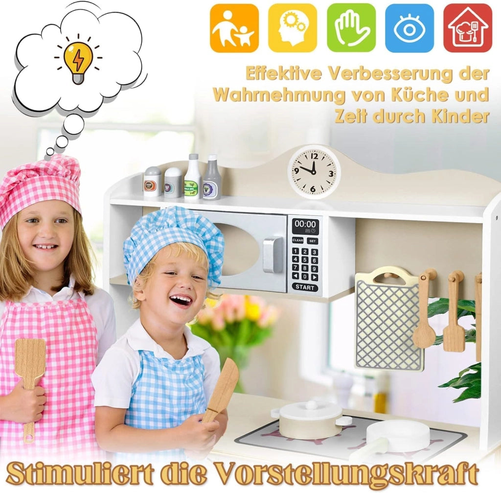 Cucina giocattolo per bambini in legno con piano cottura, forno a microonde, rubinetto, lavandino e accessori da cucina, giocattolo per bambini a partire dai 3 anni, 65 x 24 x 85 cm