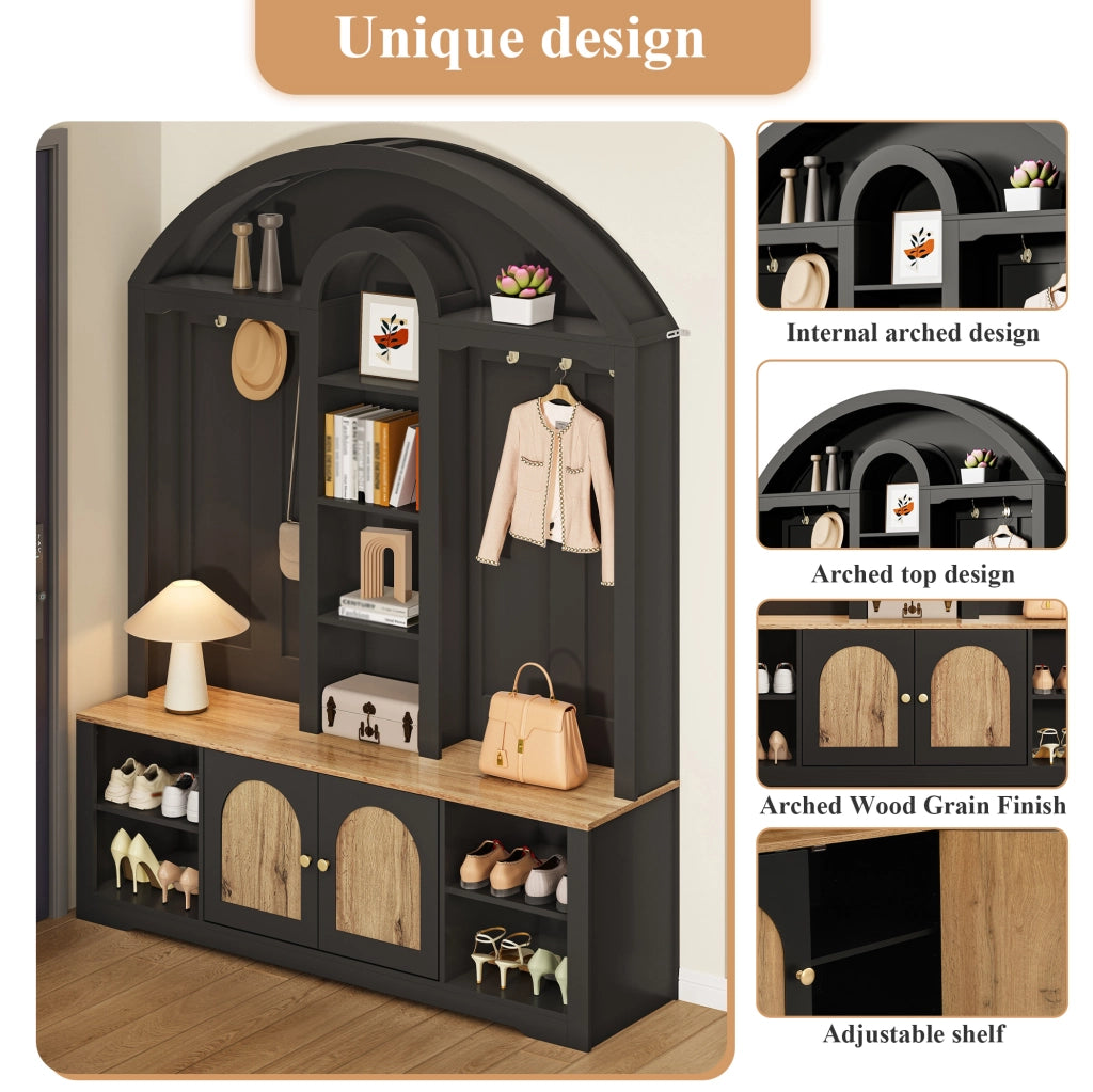 Garderobiera con 3 ripiani aperti; 2 ante e ganci; 150x40x195 cm; MDF; nera