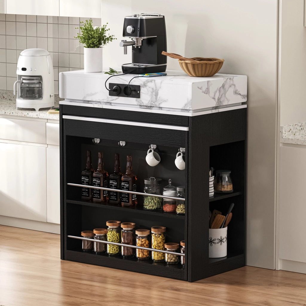 Isola da Cucina con 1 Cassetto; 1 Anta in Vetro; Piano Ribaltabile e Prese; in MDF e Vetro; Nero