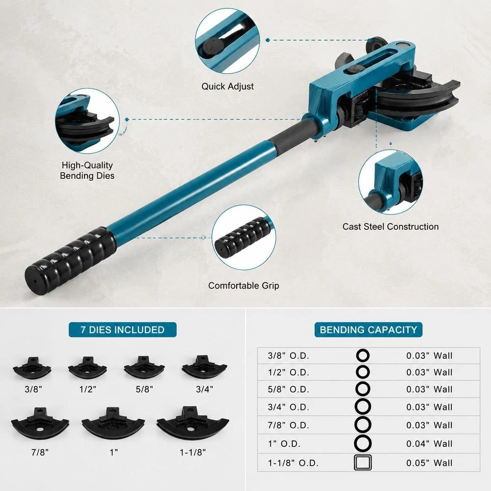 Manual Pipe Bender Set 3/8", 1/2", 9/16", 5/8", 3/4", 7/8", 1" With Dies