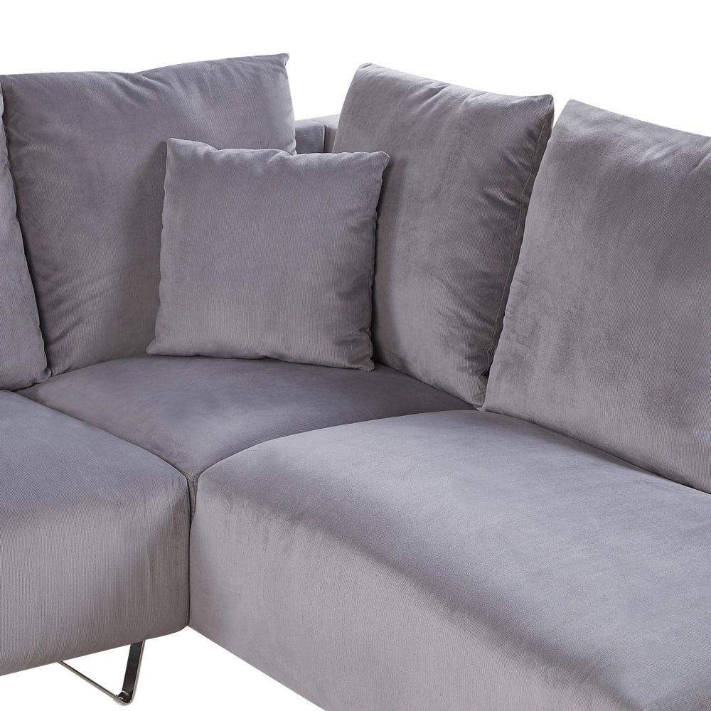 Divano angolare in tessuto di velluto a coste grigio 266 x 181 cm Cuscini Gambe cromate